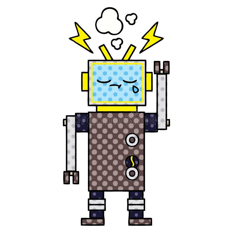 comic book style cartoon of a crying robot