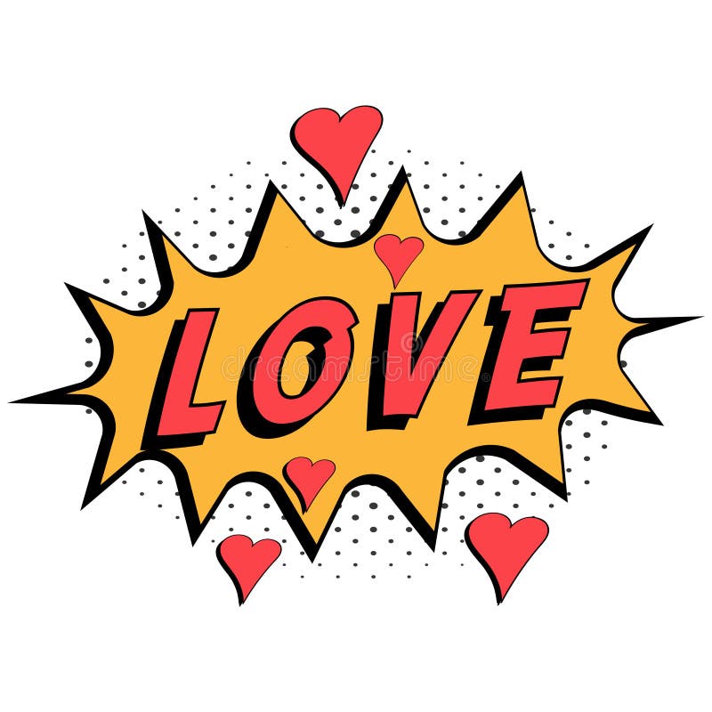 Comic book word love with hearts pop art style with halftone background, vector Comic speech bubble with expression text love stock illustration Comic book word love with hearts pop art style with halftone background, vector Comic speech bubble with expression text love stock illustration