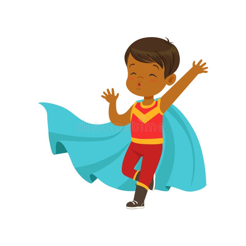 Comic brave kid in superhero red costume with mask and blue cape. Vector cartoon flat super boy character. vector illustration Comic brave kid in superhero red costume with mask and blue cape. Vector cartoon flat super boy character. vector illustration