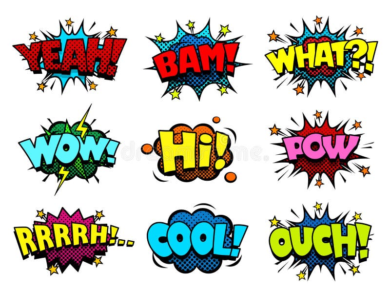 Comic book speech bubbles, cool blast and crash sound effect, halftone print texture imitation. Comic book speech bubbles, cool blast and crash sound effect, halftone print texture imitation