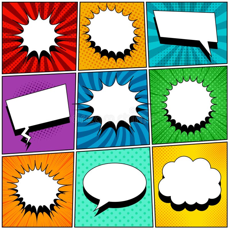 Comic book pages set with blank speech bubbles of different shapes on colorful backgrounds in pop-art style. Radial, halftone, dotted effects and rays. Vector illustration. Comic book pages set with blank speech bubbles of different shapes on colorful backgrounds in pop-art style. Radial, halftone, dotted effects and rays. Vector illustration