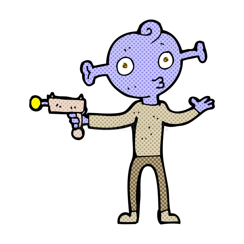 comic cartoon alien with ray gun