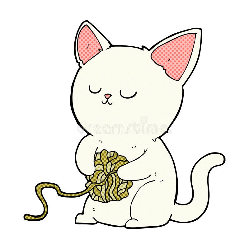 comic cartoon cat playing with ball of yarn