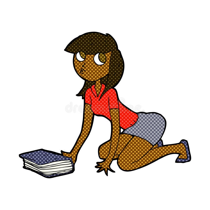 comic cartoon girl picking up book