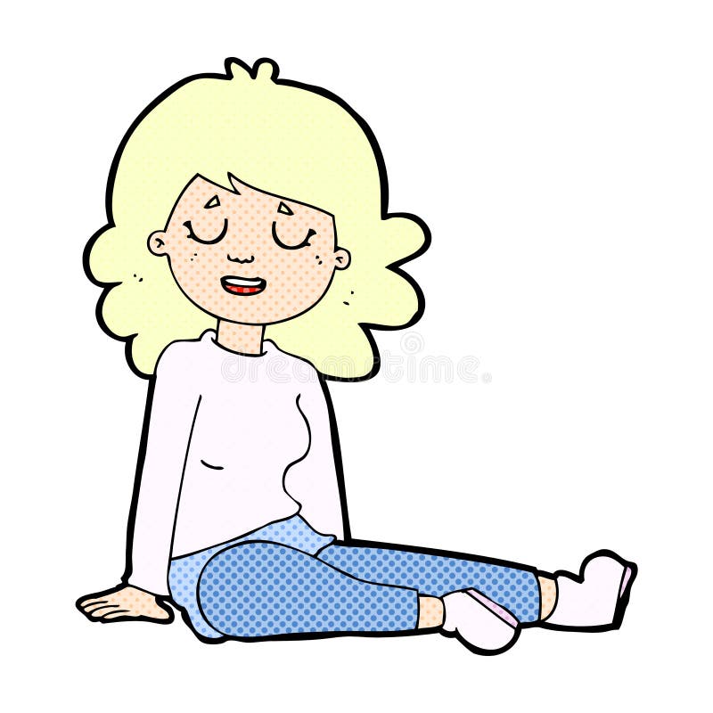 comic cartoon happy woman sitting on floor