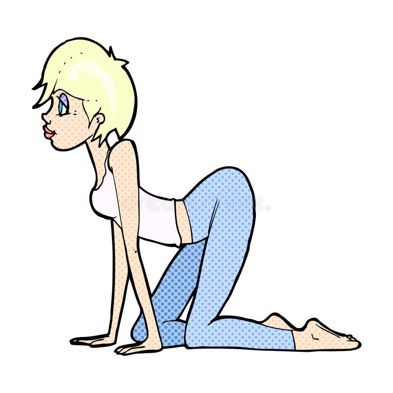 Retro comic book style cartoon woman on all fours.