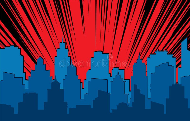 Comic cityscape. Retro urban silhouette of city buildings for art book comics with light effects vector scene super hero dramatic skyline background. Comic cityscape. Retro urban silhouette of city buildings for art book comics with light effects vector scene super hero dramatic skyline background