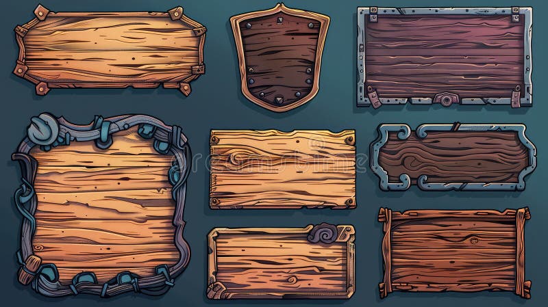 Comic Game UI Elements: Wooden Board and Title Border stock image