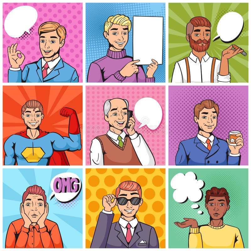 Comic man vector popart cartoon businessman character speaking bubble speech or comicguy expression illustration male vector illustration Comic man vector popart cartoon businessman character speaking bubble speech or comicguy expression illustration male vector illustration