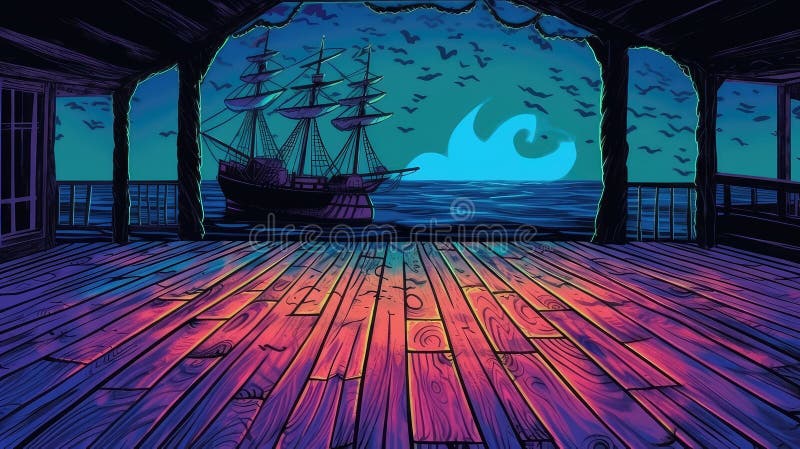 Comic Pirate Ship Deck Empty Background for Theater Stage Scene vector illustration