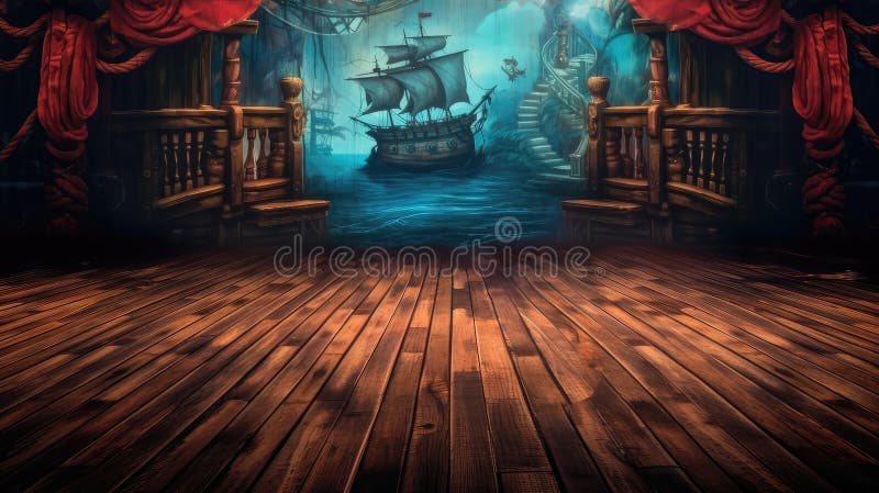 Comic Pirate Ship Deck Empty Background for Theater Stage Scene royalty free illustration