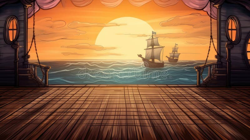Comic Pirate Ship Deck Empty Background for Theater Stage Scene royalty free illustration