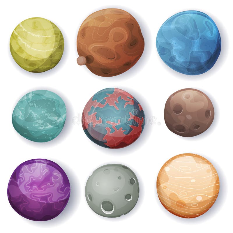 Comic Planets And Space Asteroids Set royalty free illustration