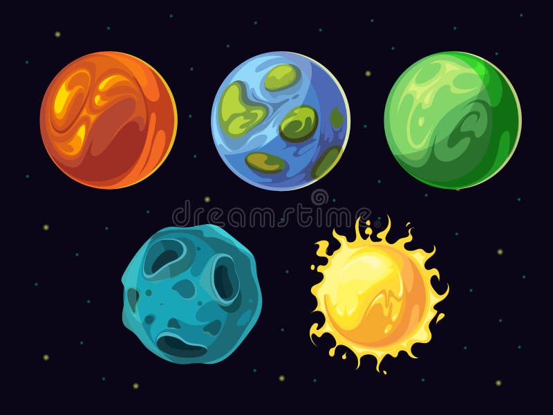 Comic planets and stars vector set for space computer game user interface stock illustration