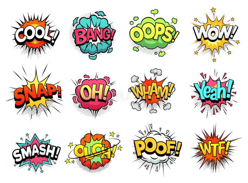 Comic sign clouds. Boom bang, wow and cool speech bubbles. Burst cloud expressions cartoon vector set