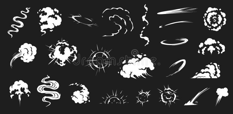 Comic smoke. Smoke puffs vfx, energy explosion effect and cartoon blast vector illustration set royalty free illustration Comic smoke. Smoke puffs vfx, energy explosion effect and cartoon blast vector illustration set royalty free illustration