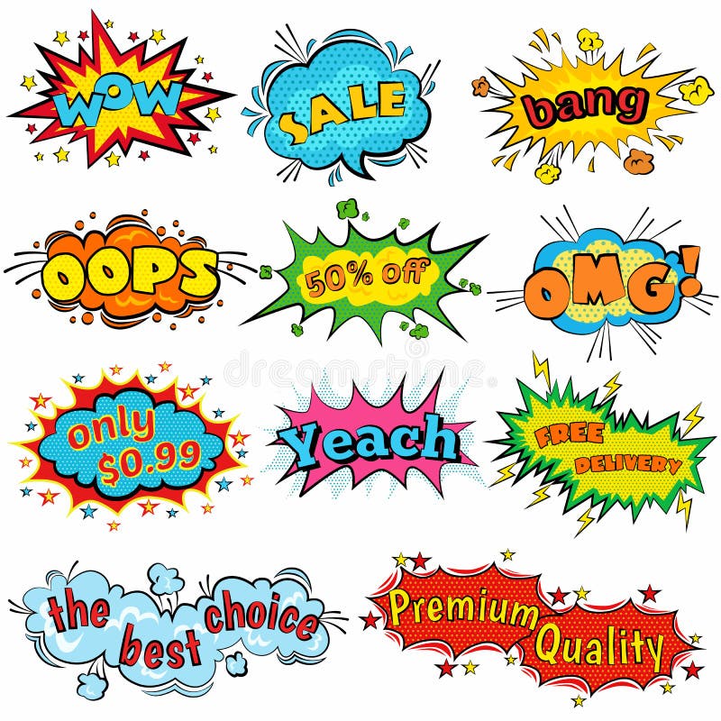 Comic sound effects in pop art vector style. Sound bubble speech with word and comic cartoon expression sounds stock illustration Comic sound effects in pop art vector style. Sound bubble speech with word and comic cartoon expression sounds stock illustration