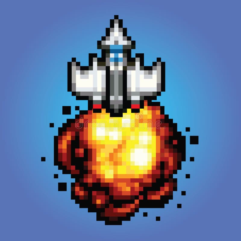 Comic space rocket ship - pixel art Illustration of spaceship blasting off and flying royalty free illustration Comic space rocket ship - pixel art Illustration of spaceship blasting off and flying royalty free illustration