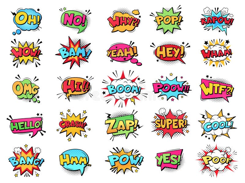 Comic speech bubble. Cartoon comic book text clouds. Comic pop art book pow, oops, wow, boom exclamation signs vector