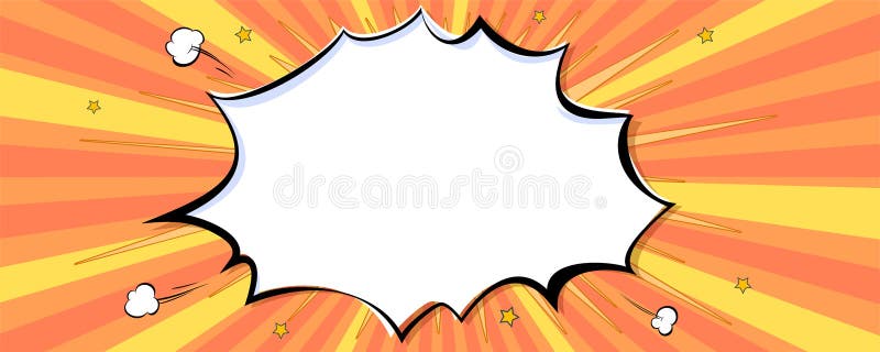 Comic speech bubble on pop art abstract background with sunbeams and halftone dotted effect. Striped retro frame with