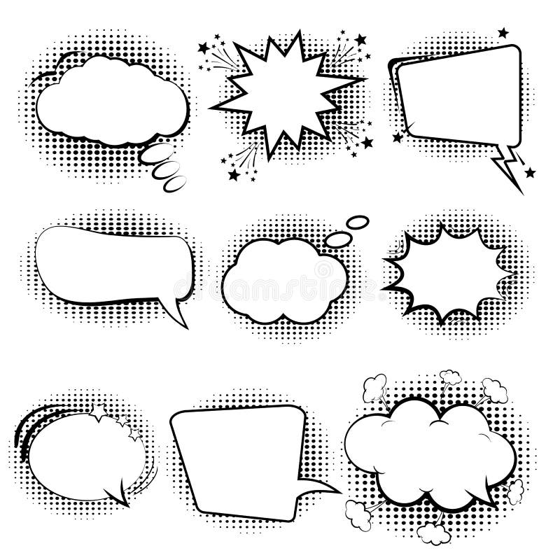 Comic speech bubbles. Set retro of cartoon, speech sketch. Empty dialog Clouds. Sketch black and white. Vintage message on a white royalty free illustration Comic speech bubbles. Set retro of cartoon, speech sketch. Empty dialog Clouds. Sketch black and white. Vintage message on a white royalty free illustration