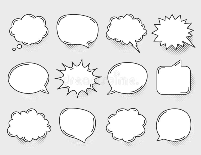 Comic-Sprechblasen Denken und Sprechen von Wolken Retroblasenformen Halftone-Schatten Vector lizenzfreie abbildung Comic-Sprechblasen Denken und Sprechen von Wolken Retroblasenformen Halftone-Schatten Vector lizenzfreie abbildung