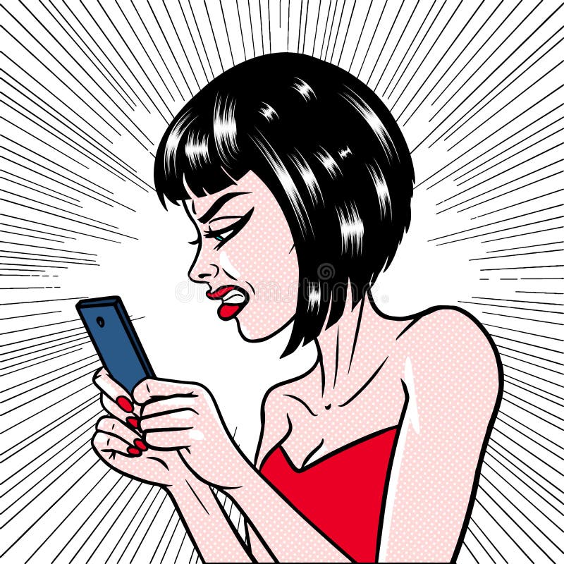 Comic style girl angry at her phone message, beautiful young brunette woman, pop art, vector illustration