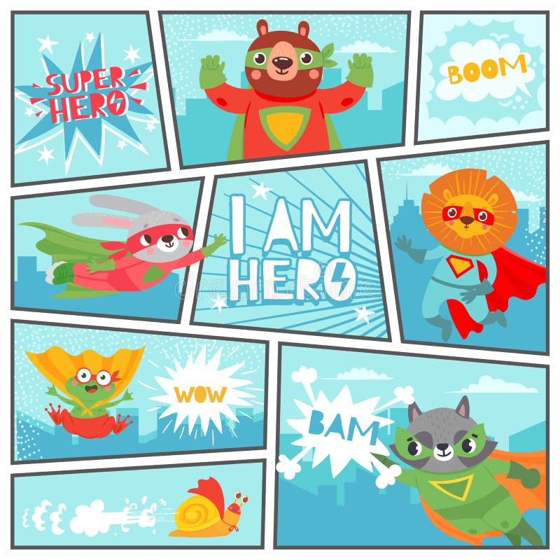 Comic Super Animals. Superheroes Animal Kids in Book Page with Speech Bubbles, Cute and Fun Vintage Cartoon Vector Stock Vector - Illustration of mask, lion: 186735558 Comic Super Animals. Superheroes Animal Kids in Book Page with Speech Bubbles, Cute and Fun Vintage Cartoon Vector Stock Vector - Illustration of mask, lion: 186735558