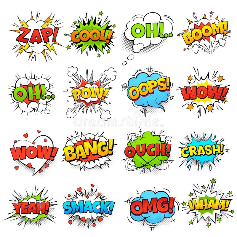 Comic words. cartoon boom crash speech bubble funny elements and kids sketch stickers vector icons set
