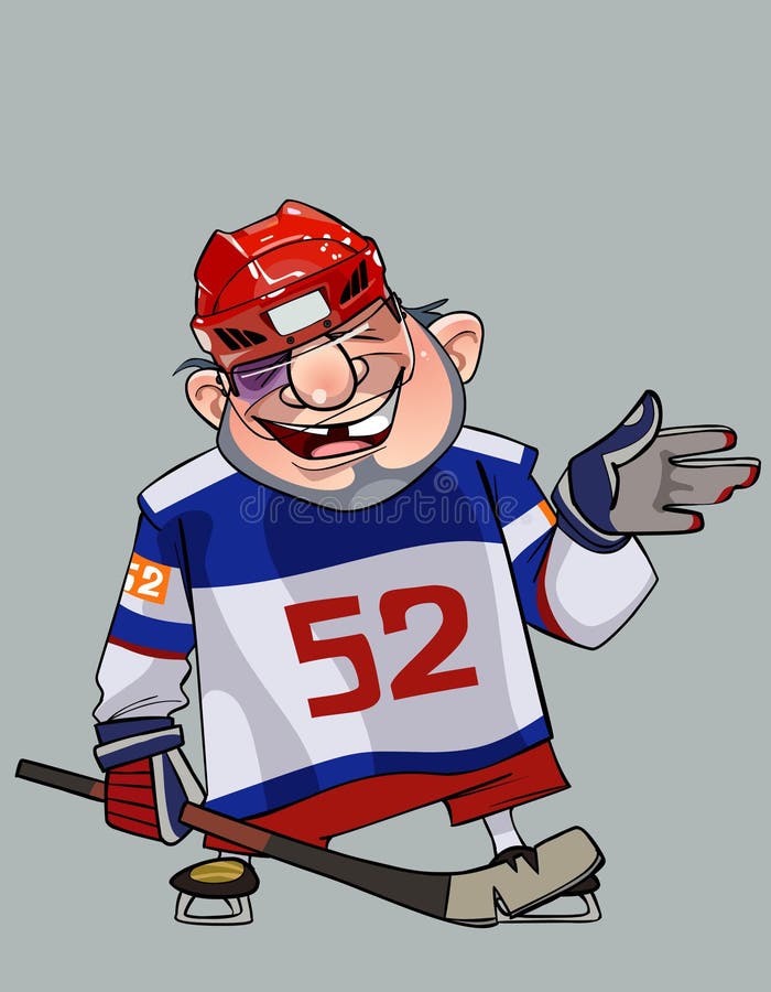Comical Cartoon Hockey Player with a Stick Pointing in the Direction