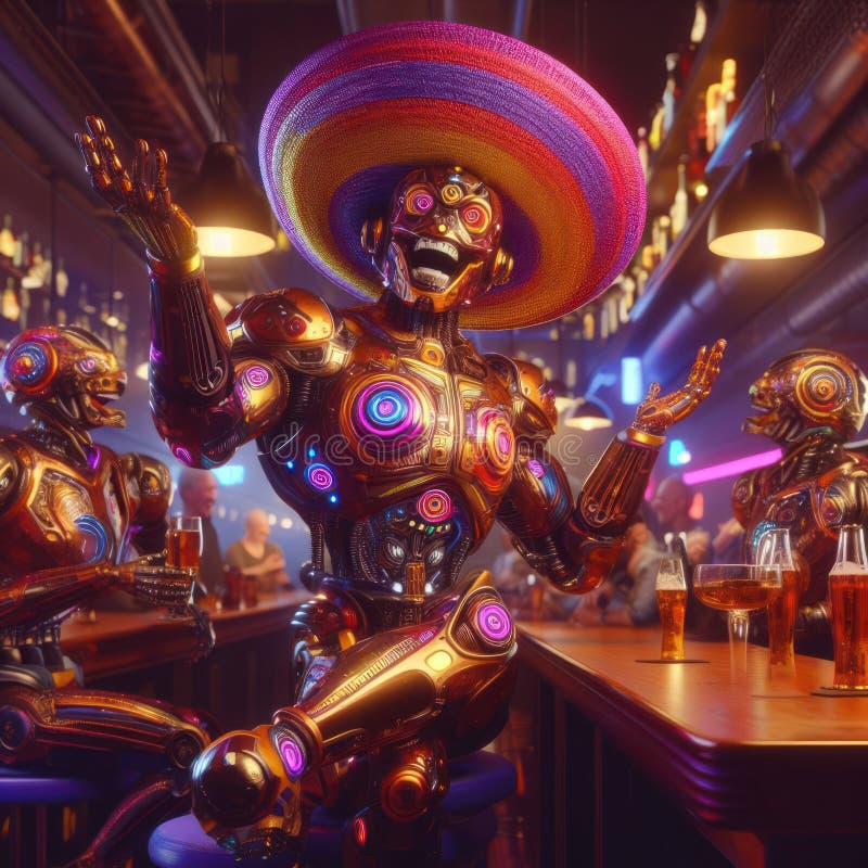 Comical drunk happy futuristic robot in a bar stock illustration