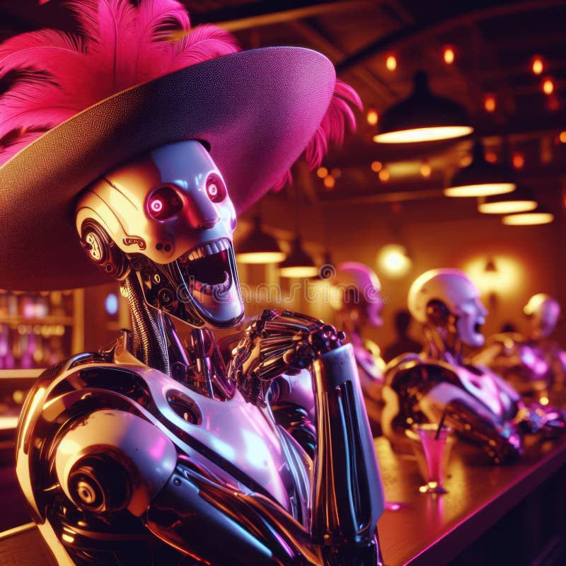 Comical drunk happy futuristic robot in a bar royalty free illustration