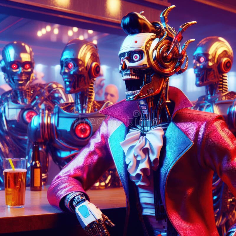 Comical drunk happy futuristic robot in a bar royalty free illustration