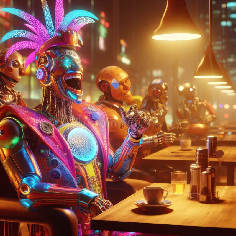Comical drunk happy futuristic robot in a bar vector illustration