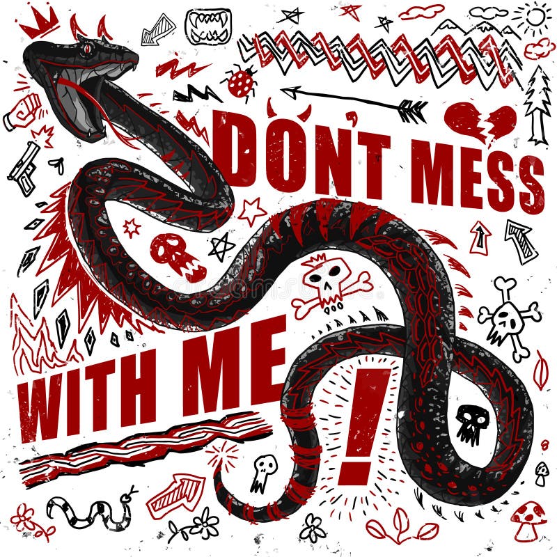 Comics style Snake doodles sketch illustration `don`t mess with me` fashion t-shirt graphic art sticker wallpaper print design set