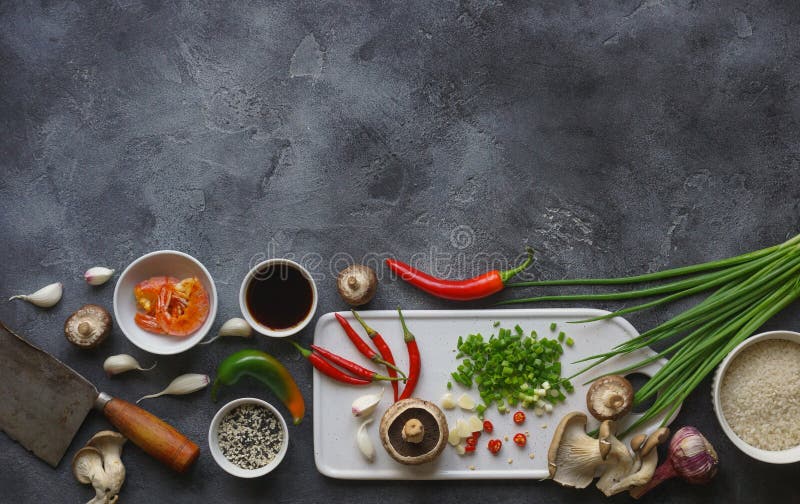 Comida asiática en un fondo oscuro, arroz del wok con los camarones y setas, durante la preparación fotografía de archivo libre de regalías Comida asiática en un fondo oscuro, arroz del wok con los camarones y setas, durante la preparación fotografía de archivo libre de regalías