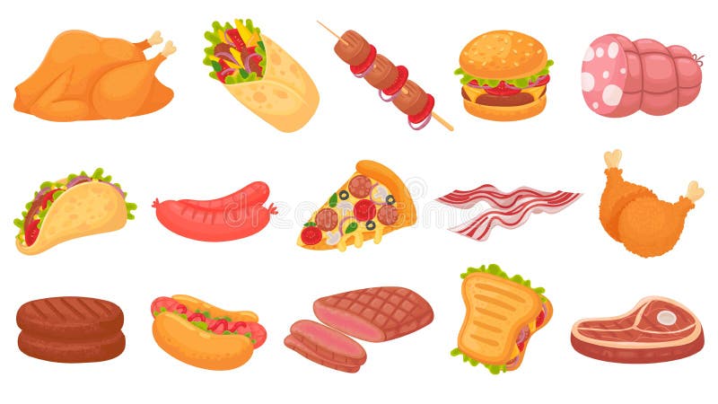 Comida de caricatura. hamburguesa con patas de pollo fritas y filete a la parrilla. perritos calientes y salchichas. burrito taco ilustración del vector