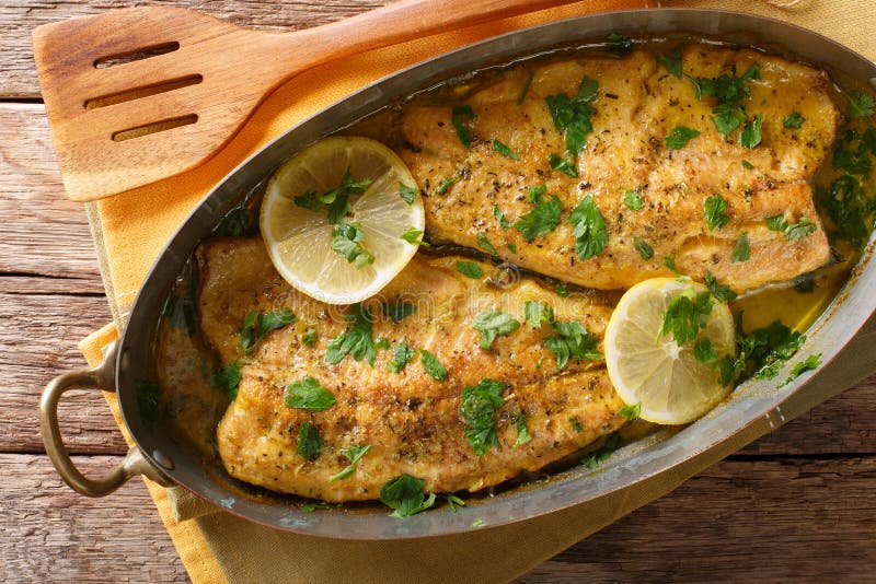 Comida deliciosa: los pescados de la trucha con mantequilla de limón del ajo sauce, parsl imágenes de archivo libres de regalías Comida deliciosa: los pescados de la trucha con mantequilla de limón del ajo sauce, parsl imágenes de archivo libres de regalías