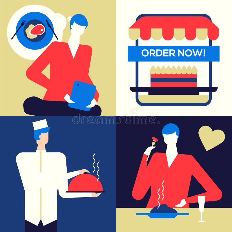 Comida en línea que ordena - ejemplo colorido del estilo plano del diseño ilustración del vector Comida en línea que ordena - ejemplo colorido del estilo plano del diseño ilustración del vector
