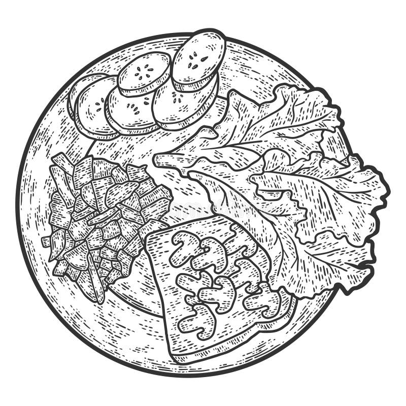 Comida en un plato. ilustración vectorial de grabado. rasguño de esbozo. libre illustration