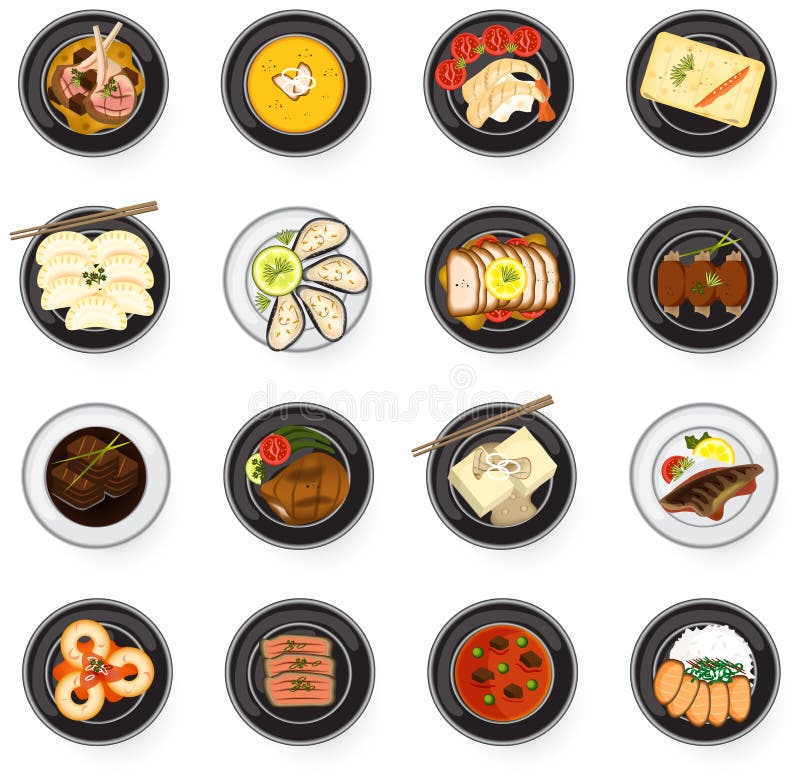 Comida gastrónoma de la cocina internacional de asiático al americano y al Eu stock de ilustración Comida gastrónoma de la cocina internacional de asiático al americano y al Eu stock de ilustración