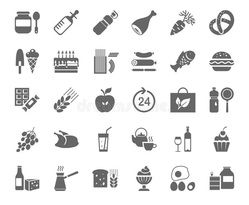 Comida, iconos monocromáticos, vector Colmado ilustración del vector Comida, iconos monocromáticos, vector Colmado ilustración del vector