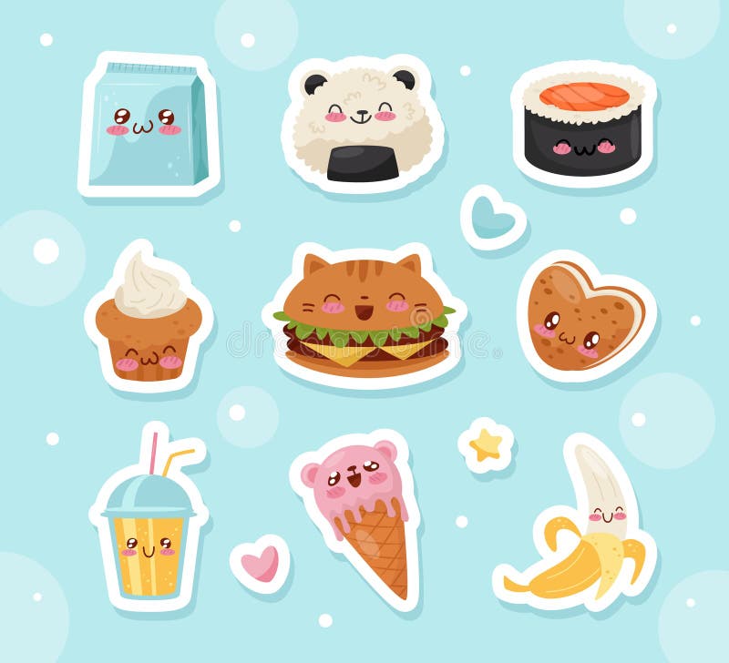 Juego de pegatinas kawaii con comida dietética.