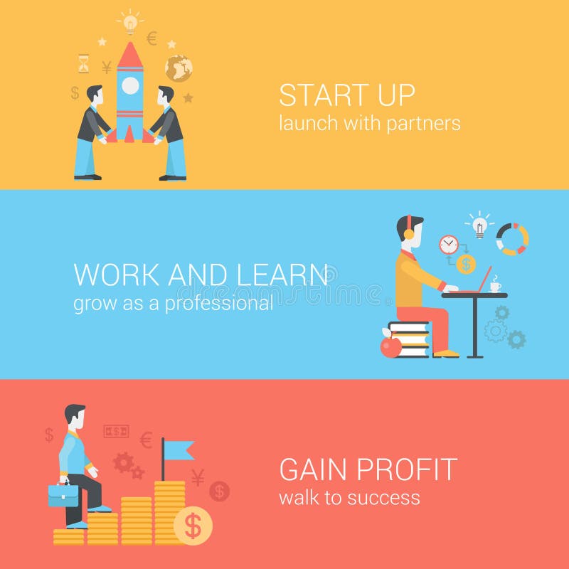 Comience para arriba, trabaje y aprenda, gane las plantillas planas del vector del web del beneficio libre illustration Comience para arriba, trabaje y aprenda, gane las plantillas planas del vector del web del beneficio libre illustration