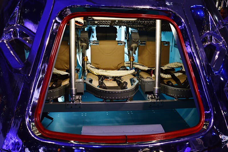 Command module CM of Apollo space program with visible crew seats. stock photos