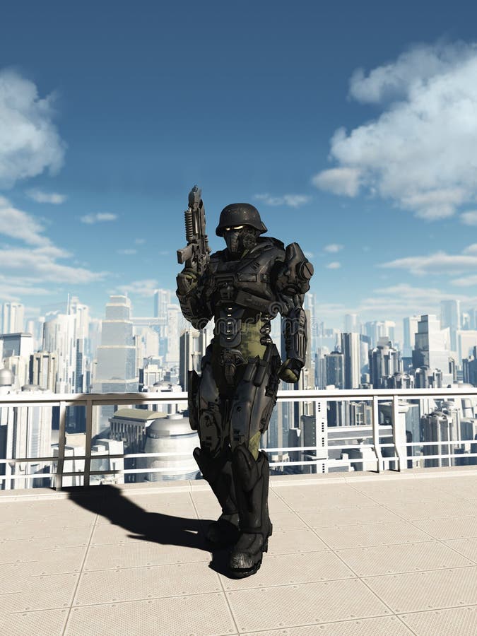 Science fiction space marine commando patrolling the streets of a futuristic city, 3d digitally rendered illustration. Science fiction space marine commando patrolling the streets of a futuristic city, 3d digitally rendered illustration