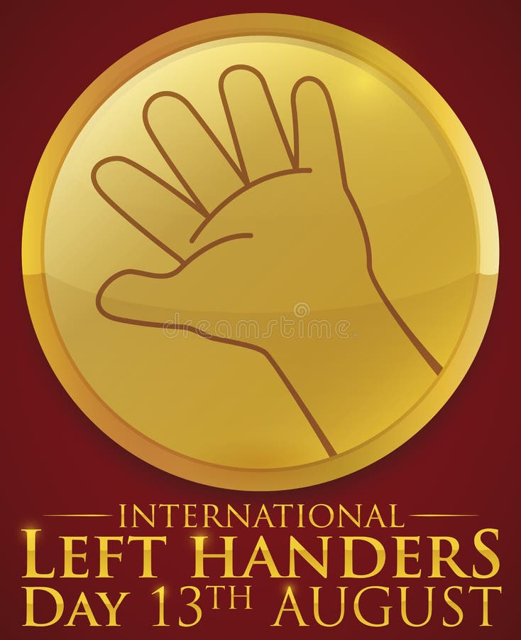 Golden Button with Left Hand for International Left Handers Day, Vector Illustration stock illustration