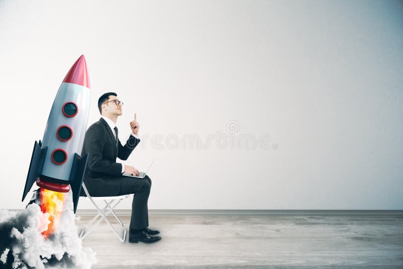 Businessman with creative launching rocket. Start up and growth concept. 3D Rendering. Businessman with creative launching rocket. Start up and growth concept. 3D Rendering