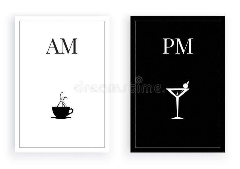 Comment savoir quelle heure est il, temps de thé d'AM, temps de P.M. martini, amants de martini, vecteur minimaliste noir et blan illustration de vecteur Comment savoir quelle heure est il, temps de thé d'AM, temps de P.M. martini, amants de martini, vecteur minimaliste noir et blan illustration de vecteur