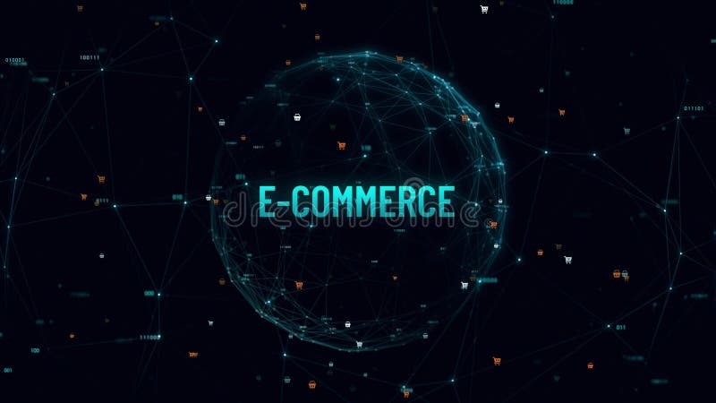 Commerce électronique en ligne avec icônes d'achat sur un globe numérique tournant illustration de vecteur